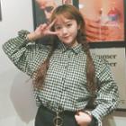 Stand-collar Bell-sleeve Loose-fit Gingham Blouse