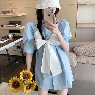 Set: Short-sleeve Mini A-line Shirt Dress + Spaghetti Strap Top Spaghetti Strap Top - White - One Size / Dress - Light Blue - One Size