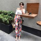 Plain Off Shoulder Short Sleeve Cropped Top / Leaf Print Loose Fit Pants
