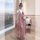 Set: Short-sleeve T-shirt + Patterned Lace-up Maxi Suspender Dress