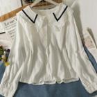 Contrasted Ruffle-trim Loose Shirt White - One Size