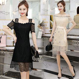 Set: Short-sleeve Cold-shoulder Lace Dress + Sequin Mesh Skirt