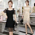Set: Short-sleeve Cold-shoulder Lace Dress + Sequin Mesh Skirt