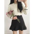 Scallop-edge Faux-pearl Rib-knit Cardigan