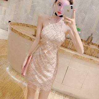 Glitter Mesh Overlay Halter Mini Sheath Dress