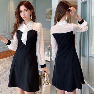 Long-sleeve Mini Mesh Panel A-line Dress