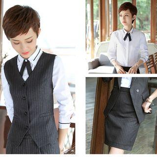 Set: Striped Vest + Shirt + Slim-fit Pants + Pencil Skirt
