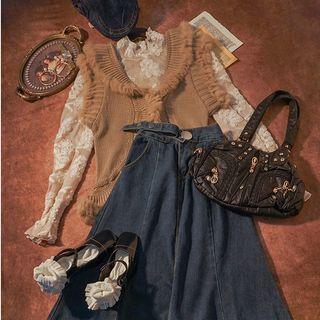 Long-sleeve Lace Top / Frill Trim Vest / Denim Midi A-line Skirt
