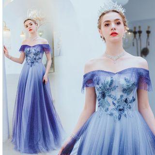 Off-shoulder Embellished Mesh A-line Evening Gown