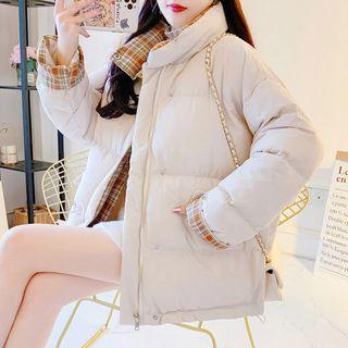 Oversize Plaid Panel Zip Padded Jacket
