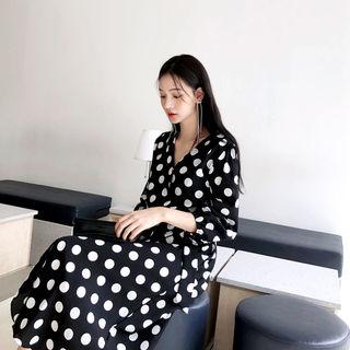 Balloon-sleeve Dotted Maxi Wrap Dress