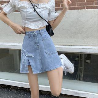 High Waist Lace-up Denim Mini A-line Skirt