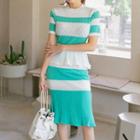 Set: Striped Short-sleeve Pointelle Knit Top + Knit Pencil Skirt Set Of 2 - Top & Skirt - Mint Green - One Size