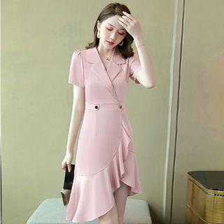 Short-sleeve Double-breasted Ruffled A-line Dress