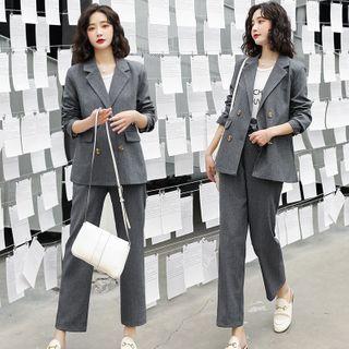 Set: Plain Double-breasted Blazer + Cropped Straight Leg Pants