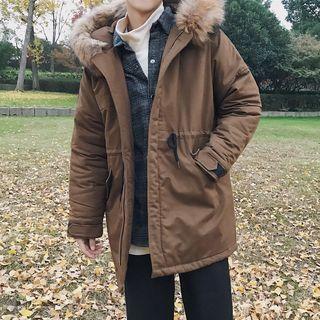 Drawstring Faux-fur Trim Hooded Zip Coat