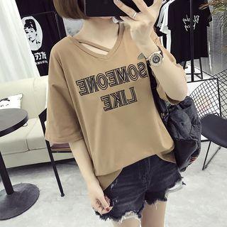Strap Detail Lettering Embroidered V-neck Short-sleeve T-shirt
