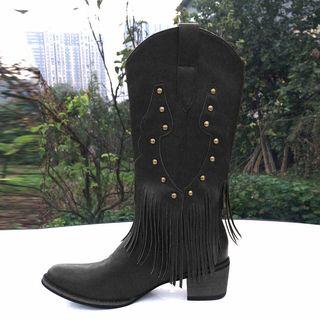 Fringed Trim Block Heel Mid-calf Boots