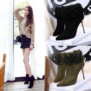 Faux Suede Fluffy Cuff High Heel Ankle Boots