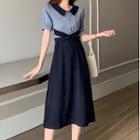Puff-sleeve Color Block A-line Midi Dress As Shown In Figure - One Size