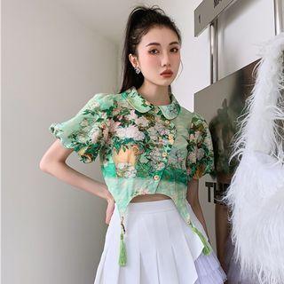 Bell-sleeve Print Crop Qipao Top
