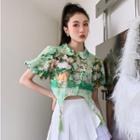 Bell-sleeve Print Crop Qipao Top