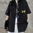 Butterfly Embroidered Short-sleeve Casual Shirt Black - One Size