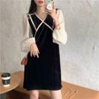 Long-sleeve Paneled Mini A-line Velvet Dress Off-white & Black - One Size
