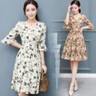 Floral Print 3/4 Sleeve Tiered Dress
