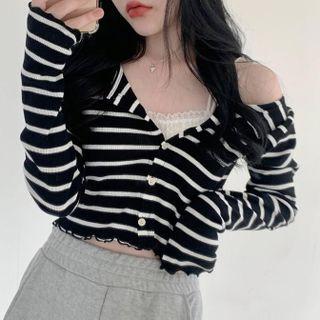 Long Sleeve Frilled Stripe Knit Cardigan Stripes - Black & White - One Size