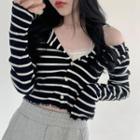 Long Sleeve Frilled Stripe Knit Cardigan Stripes - Black & White - One Size