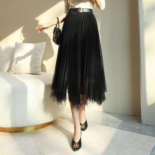 High Waist Pleated Mesh Midi A-line Skirt