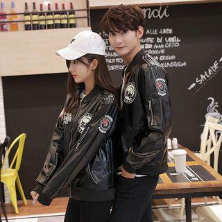 Couple Faux Leather Baseball Jacket