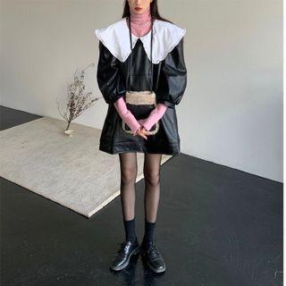 Short-sleeve Faux-leather Peter-pan Collar Loose-fit Dress Black - One Size