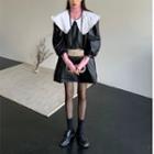 Short-sleeve Faux-leather Peter-pan Collar Loose-fit Dress Black - One Size