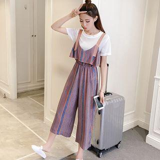 Set: Short-sleeve Top + Cropped Striped Jumpsuit
