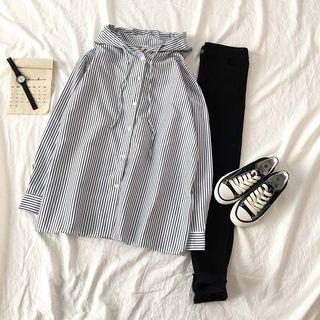 Striped Hooded Shirt Black Stripe - White - One Size