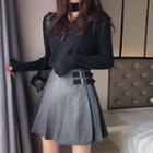 Mock Neck Cut Out Knit Top / Pleated Mini Skirt