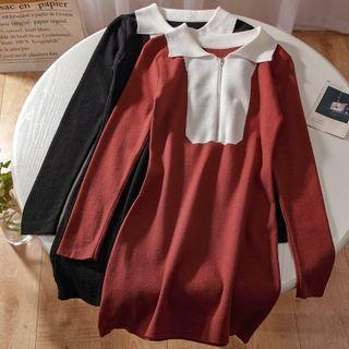 Long-sleeve Contrast Trim Knit Mini Collared Dress