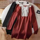 Long-sleeve Contrast Trim Knit Mini Collared Dress