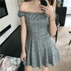 Off-shoulder Plaid Short-sleeve A-line Dress Gray - One Size