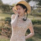 Cap-sleeve Floral Print Midi A-line Qipao Dress