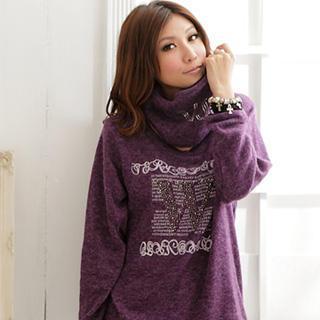 Wool-blend Rhinestone Printed Pullover With Scarf