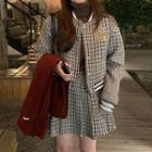 Set: Embroidered Houndstooth Jacket + Pleated Mini Skirt