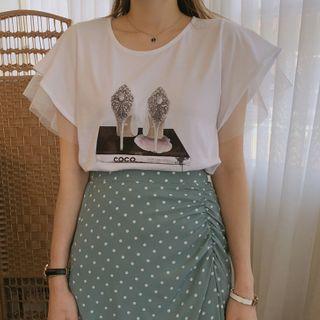 Flutter-sleeve Chiffon-trim Printed T-shirt Ivory - One Size