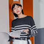 Long-sleeve Knit Striped Pullover Black - One Size