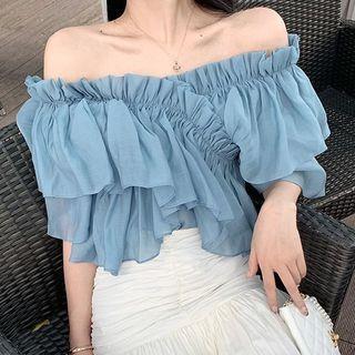 Off-shoulder Frill Trim Flowy Chiffon Blouse