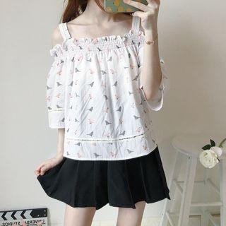 Cold-shoulder Cat Print Blouse