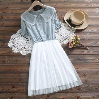 Short-sleeve Collared A-line Mesh Dress