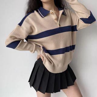 Loose-fit Polo-collar Color Block Striped Top